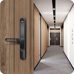 Smart lock installed on a modern apartment hallway door
