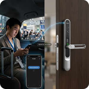 Traveler with a suitcase entering a property using a smart lock