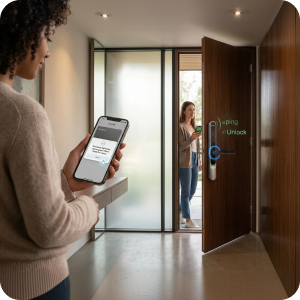 Smart lock installed on a modern apartment hallway door